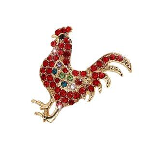 Red Crystal Rhinestone Rooster Brooch Pin Gold Tone